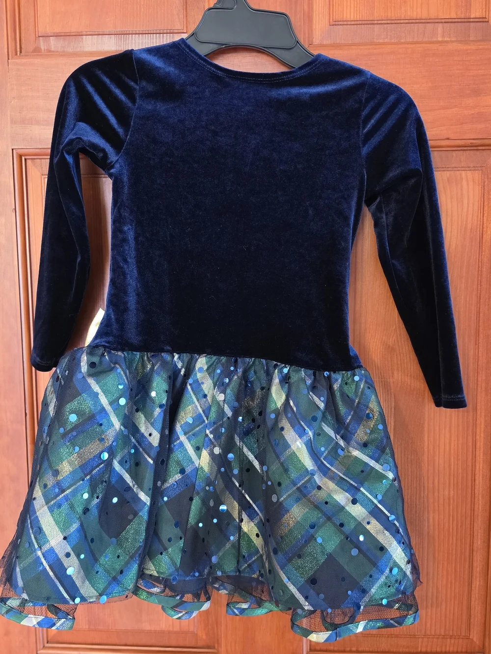 Bonnie Jean Girls Size 5 Navy Velvet Plaid Dress Gold Bow Long Sleeve
